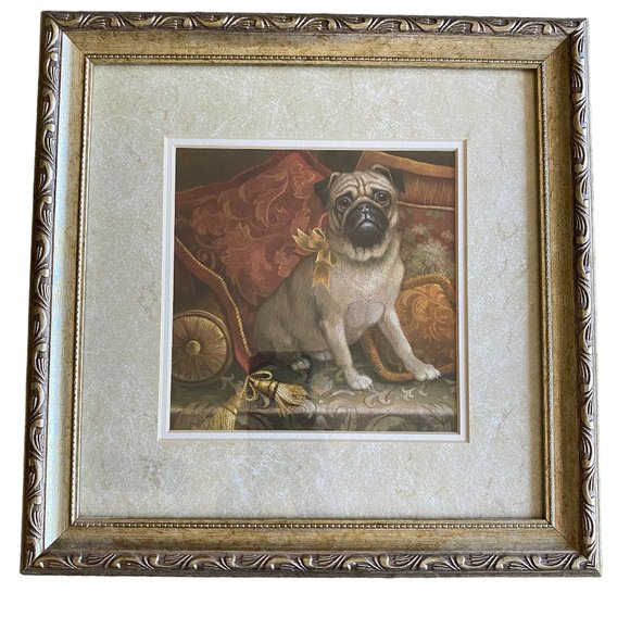 NY Artist Elaine Vollherbst Pampered Pug Puppy Dog Print Wood Frame Glass Art - Picture 2 of 14
